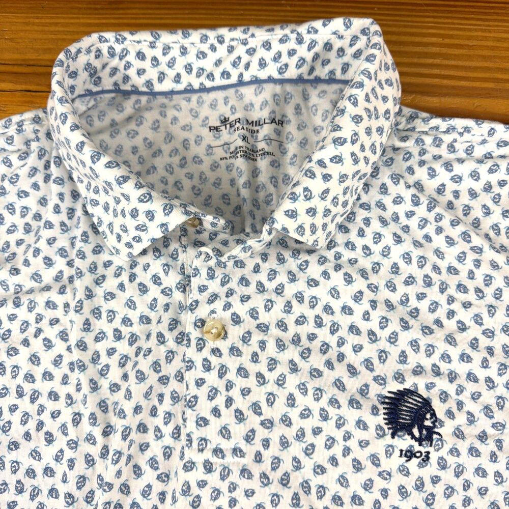 Peter Millar Seaside All Over Print White Golf Polo Shirt XL Turtle Prints EUC